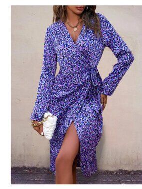 SheIn Woman's Long Sleeve Wrap Dress - Purple & Blue Abstract Print - Large